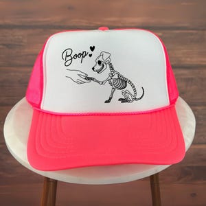 Halloween Trucker Hat, Boop Skeleton Dog Halloween Hat, Funny Dog and Human Skeleton Hand Graphic Hat, Cute Spooky Pet Gift for Fall Season