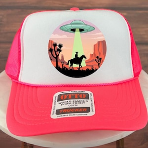 Cowboy UFO Abduction Trucker Hat, Western Alien Graphic Hat, Funny Retro Sci-Fi Desert Style Hat, Horse Rider Design