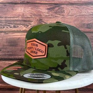 Custom Logo Hat, Custom Leather Patch Hat, Genuine Leather Patch Hat, Flat Bill Custom Trucker Hat, Personalized 5 Five  Panel Hat, Bulk Hat