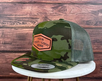 Custom Logo Hat, Custom Leather Patch Hat, Genuine Leather Patch Hat, Flat Bill Custom Trucker Hat, Personalized 5 Five  Panel Hat, Bulk Hat