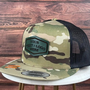 Custom Logo Hat Camo Print, Multicam Hat, Custom Genuine Leather Patch Hat, Flat Bill Trucker Hat, Personalized 5 Five Panel Hat, Bulk Hat