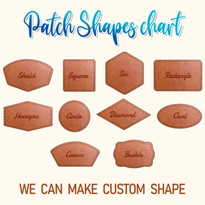 Op de afbeelding: Diagram met verschillende vormen van lederen patches, waaronder schild, vierkant, zeshoek, rechthoek, hexagon, cirkel, diamant, ovaal, kroon en gesp. De tekst "Patch Shapes chart" staat bovenaan de afbeelding. De tekst "WE CAN MAKE CUSTOM SHAPE" staat onderaan de afbeelding.