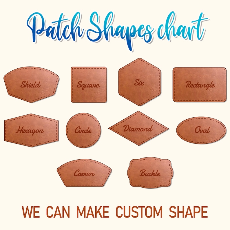 Op de afbeelding: Diagram met verschillende vormen van lederen patches, waaronder schild, vierkant, zeshoek, rechthoek, hexagon, cirkel, diamant, ovaal, kroon en gesp. De tekst "Patch Shapes chart" staat bovenaan de afbeelding. De tekst "WE CAN MAKE CUSTOM SHAPE" staat onderaan de afbeelding.