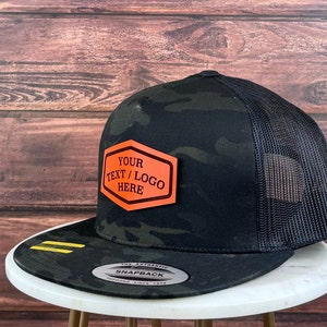 Custom Logo Hat, Custom Leather Patch Hat, Genuine Leather Patch Hat, Flat Bill Custom Trucker Hat, Personalized 5 Five  Panel Hat, Bulk Hat