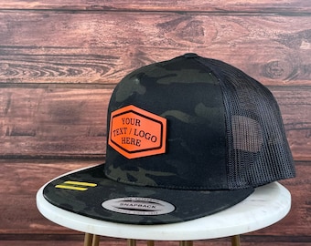Custom Logo Hat, Custom Leather Patch Hat, Genuine Leather Patch Hat, Flat Bill Custom Trucker Hat, Personalized 5 Five  Panel Hat, Bulk Hat