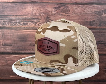 Custom Logo Hat, Custom Leather Patch Hat, Genuine Leather Patch Hat, Flat Bill Custom Trucker Hat, Personalized 5 Five  Panel Hat, Bulk Hat