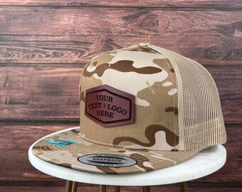 Custom Logo Hat, Custom Leather Patch Hat, Genuine Leather Patch Hat, Flat Bill Custom Trucker Hat, Personalized 5 Five  Panel Hat, Bulk Hat