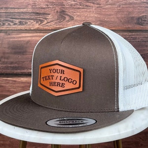 Custom Logo Hat, Custom Leather Patch Hat, Genuine Leather Patch Hat, Flat Bill Custom Trucker Hat, Personalized 5 Five  Panel Hat, Bulk Hat