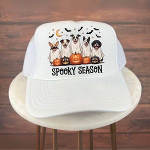 Halloween Trucker Hat, Spooky Season Halloween Hat with Funny Dogs in Ghost Costumes and Pumpkins, Cute Pet Lover Fall Outfit for Trick