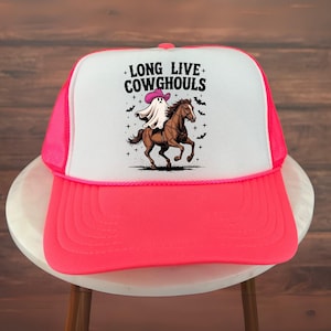 Halloween Trucker Hat, Long Live Cowghouls Halloween Hat, Funny Cowgirl Ghost on Horse Hat, Spooky Western Rodeo Trick or Treat Costume Hat