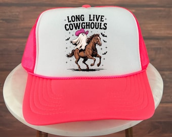 Halloween Trucker Hat, Long Live Cowghouls Halloween Hat, Funny Cowgirl Ghost on Horse Hat, Spooky Western Rodeo Trick or Treat Costume Hat