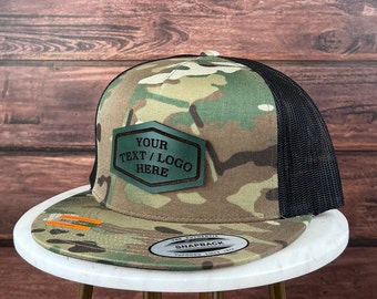 Custom Leather Patch Hat, Camo Print Hat, Custom Logo Hat, Genuine Leather Patch Hat, Flat Bill Hat, Personalized 5 Five Panel Hat, Bulk Hat