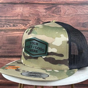 Custom Logo Hat, Custom Leather Patch Hat, Genuine Leather Patch Hat, Flat Bill Custom Trucker Hat, Personalized 5 Five  Panel Hat, Bulk Hat