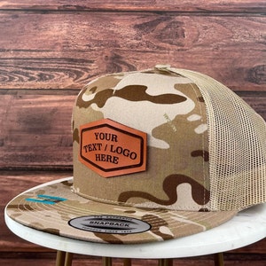 Custom Logo Hat Camo Print, Multicam Hat, Custom Genuine Leather Patch Hat, Flat Bill Trucker Hat, Personalized 5 Five Panel Hat, Bulk Hat