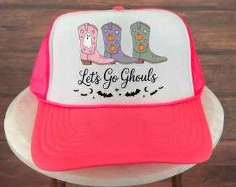 Halloween Trucker Hat, Let’s Go Ghouls Halloween Hat with Western Cowgirl Boots, Ghost and Pumpkin Design, Spooky Fall Outfit Trick or Treat