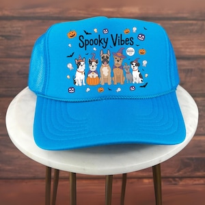Halloween Trucker Hat, Spooky Vibes Halloween Hat Cute Witch Dogs and Pumpkins, Funny Dog lover hat Fall Outfit for Trick or Treat Costume