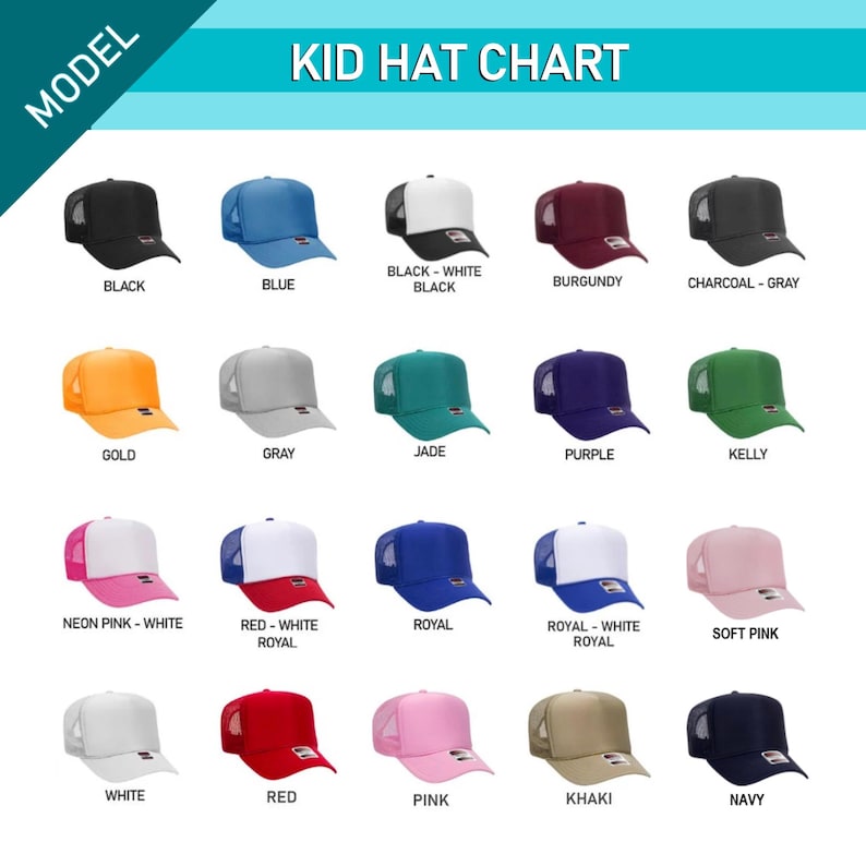 May include: A chart showing different colors of trucker hats for kids. The hats are arranged in rows and columns, with each hat labeled with its color. The colors include black, blue, gold, gray, jade, kelly, neon pink, red, royal, soft pink, white, khaki, and navy.