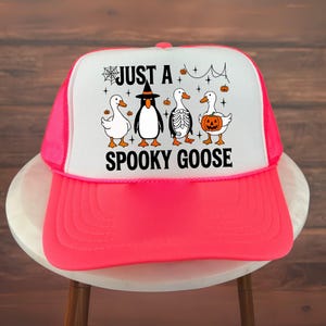 Halloween Trucker Hat, Just A Spooky Goose Halloween Hat, Funny Duck Witch Skeleton Pumpkin Costume Hat, Cute Fall Farm Animal Graphic Hat