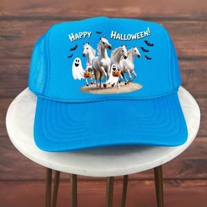 Halloween Trucker Hat, Ghost Horses Halloween Hat with White Horses and Kids in Ghost Costumes, Cute Spooky Fall Hat for October Horse Lover