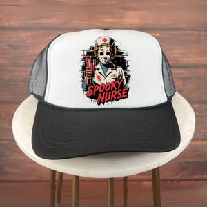 Halloween Trucker Hat, Spooky Nurse Halloween Hat with Horror Mask and Bloody Drink Graphic, Scary Fall Hat for Nurses and Medical Fans