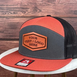 Custom Logo Hat, Genuine Leather Patch Hat, Custom Leather Patch Hat, Custom Trucker Hat, Flat Bill 7 Seven Panel Hat, Personalized Bulk Hat