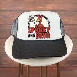 Halloween Trucker Hat, Spooky and Bruh Halloween Hat, Funny Devil Duck Costume Graphic Hat, Retro Cartoon Style Goose Lovers Fall Vibes