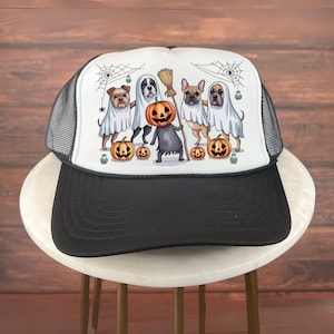 Halloween Trucker Hat, Ghost Dog Pack Halloween Hat, Funny Pumpkin Head Dogs in Costume Hat, Cute Fall October Pet Lover Trick or Treat Hat