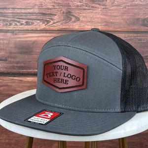 Custom Logo Hat, Genuine Leather Patch Hat, Custom Leather Patch Hat, Custom Trucker Hat, Flat Bill 7 Seven Panel Hat, Personalized Bulk Hat