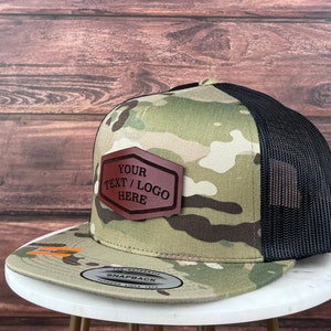 Custom Logo Hat, Custom Leather Patch Hat, Genuine Leather Patch Hat, Flat Bill Custom Trucker Hat, Personalized 5 Five  Panel Hat, Bulk Hat