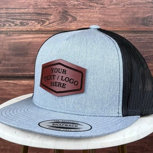 Custom Logo Hat, Custom Leather Patch Hat, Genuine Leather Patch Hat, Flat Bill Custom Trucker Hat, Personalized 5 Five  Panel Hat, Bulk Hat