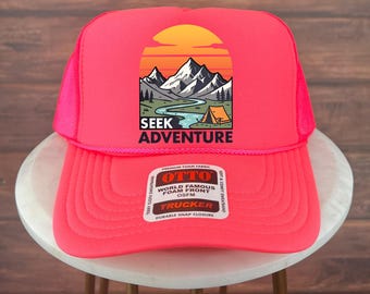 Gorra de camionero Seek Adventure, gorra retro de camping de montaña, gorra para actividades al aire libre, diseño de explorador de senderismo, estilo viajero