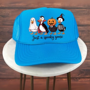 Halloween Trucker Hat, Just A Spooky Goose Halloween Hat with Cute Goose Costumes Including Pumpkin, Ghost and Skeleton Funny Fall Gift