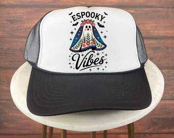 Czapka Trucker na Halloween, upiorny kapelusz na Halloween, uroczy kapelusz ducha w kwiatowym kostiumie na Dia de los Muertos, upiorny kapelusz meksykańskiego ducha na jesień