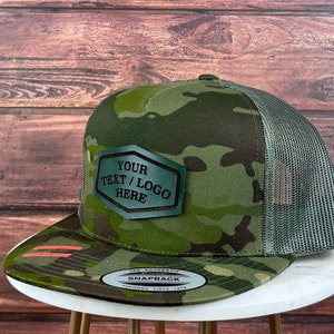 Custom Logo Hat, Custom Leather Patch Hat, Genuine Leather Patch Hat, Flat Bill Custom Trucker Hat, Personalized 5 Five  Panel Hat, Bulk Hat