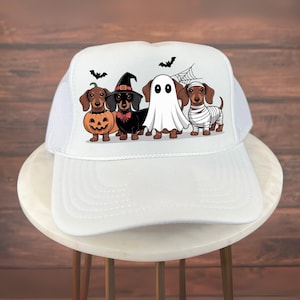 Halloween Trucker Hat, Dachshund Halloween Hat, Funny Wiener Dog in Pumpkin Ghost Witch Mummy Costume Hat, Cute Spooky Dog Mom Gift