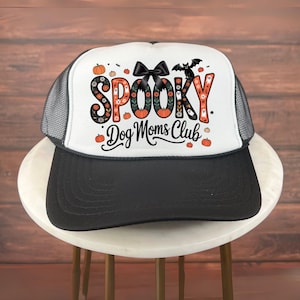 Halloween Trucker Hat, Spooky Dog Moms Club Halloween Hat with Ghost, Bat and Pumpkin Graphics, Cute Fall Pet Lover Hat Dog Owners October