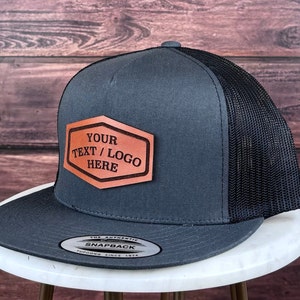 Custom Leather Patch Hat, Custom Logo Hat, Genuine Leather Patch Hat, Flat Bill Custom Trucker Hat, Personalized 5 Five  Panel Hat, Bulk Hat