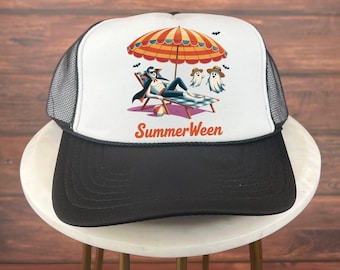 Halloween Trucker Hat, Summerween Vampire Ghosts Hat, Funny Halloween in Summer Hat, Beach Umbrella and Ghost Costume Fall Graphic Hat Fans