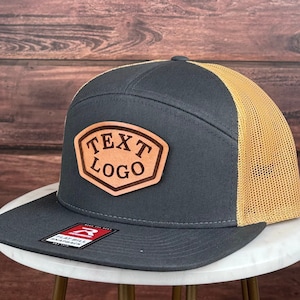 Custom Leather Patch Hat, Custom Trucker Hat, Custom Logo Hat, Genuine Leather Patch Hat, Flat Bill 7 Seven Panel Hat, Personalized Bulk Hat