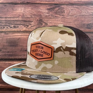 Custom Logo Hat, Custom Leather Patch Hat, Genuine Leather Patch Hat, Flat Bill Custom Trucker Hat, Personalized 5 Five  Panel Hat, Bulk Hat