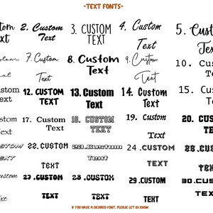 Op de afbeelding: Een grafiek met 30 verschillende lettertypen, genummerd van 1 tot 30, met het woord "Custom Text" in elk lettertype.