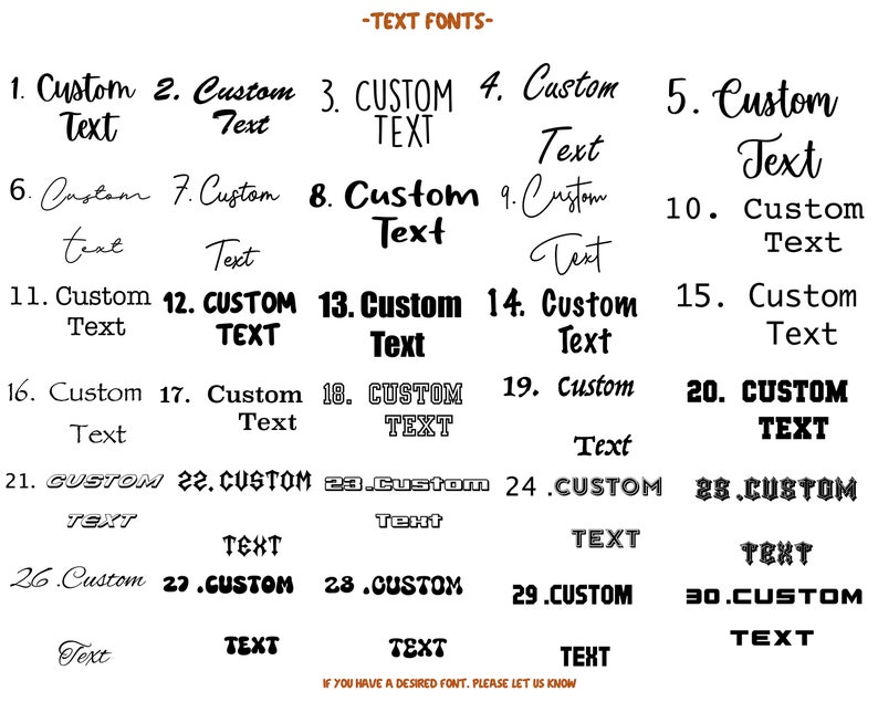 Op de afbeelding: Een grafiek met 30 verschillende lettertypen, genummerd van 1 tot 30, met het woord "Custom Text" in elk lettertype.