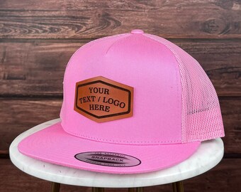 Custom Leather Patch Hat, Custom Logo Hat, Genuine Leather Patch Hat, Flat Bill Custom Trucker Hat, Personalized 5 Five  Panel Hat, Bulk Hat