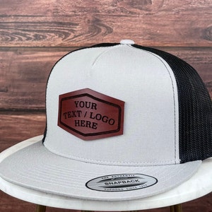 Custom Leather Patch Hat, Custom Logo Hat, Genuine Leather Patch Hat, Flat Bill Custom Trucker Hat, Personalized 5 Five  Panel Hat, Bulk Hat