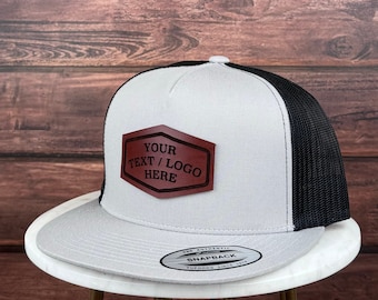 Custom Leather Patch Hat, Custom Logo Hat, Genuine Leather Patch Hat, Flat Bill Custom Trucker Hat, Personalized 5 Five  Panel Hat, Bulk Hat