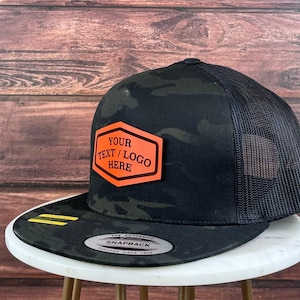 Custom Logo Hat Camo Print, Multicam Hat, Custom Genuine Leather Patch Hat, Flat Bill Trucker Hat, Personalized 5 Five Panel Hat, Bulk Hat