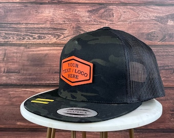 Custom Logo Hat Camo Print, Multicam Hat, Custom Genuine Leather Patch Hat, Flat Bill Trucker Hat, Personalized 5 Five Panel Hat, Bulk Hat