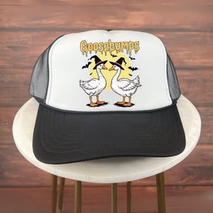 Halloween Trucker Hat, Goosebumps Halloween Hat, Cute Witch Geese in Spooky Moon Scene Hat, Funny Fall October Costume Hat for Goose Lovers