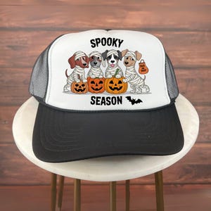 Halloween Trucker Hat, Spooky Season Mummy Dogs Hat, Funny Halloween Puppy in Pumpkin Graphic Hat, Cute Fall Pet Costume Hat for Dog lover