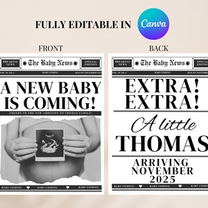 Op de afbeelding: Een zwart-witte krantenadvertentie met de kop "Een nieuwe baby is onderweg!" en een foto van een zwangere vrouw die een echobeeld vasthoudt. De advertentie bevat ook de tekst "Gefeliciteerd met de nieuwe aanwinst voor de familie Thomas!" en de datum "Dec. in november 2023".